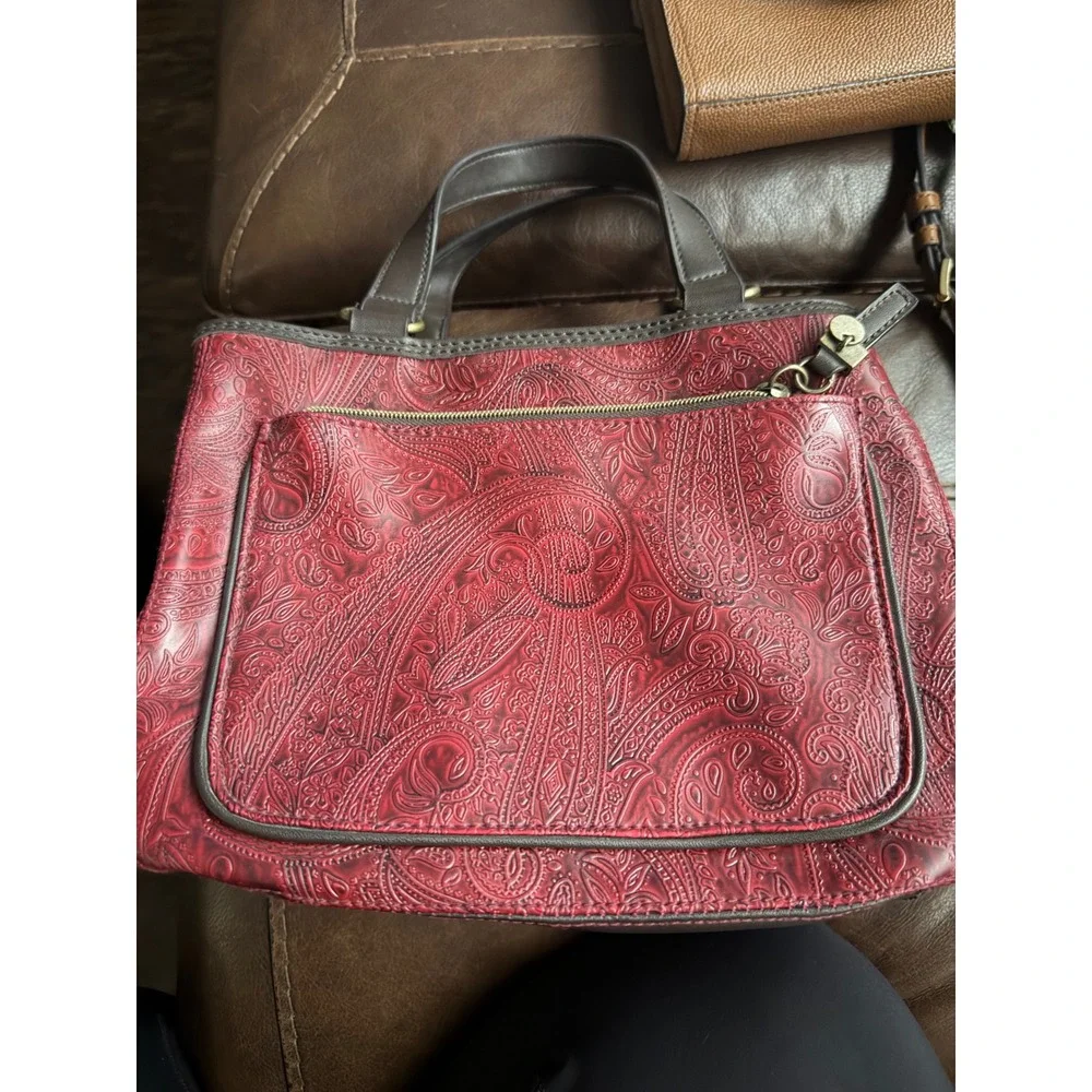 Relic by Fossil Red Embossed Paisley Satchel Handbag Brown Trim Boho Tote Bag